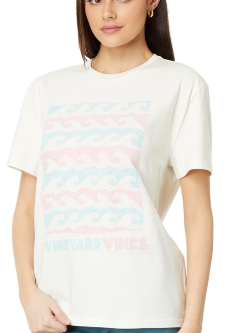 Vineyard Vines Cream Tee with Pink & Light Blue Wave Print